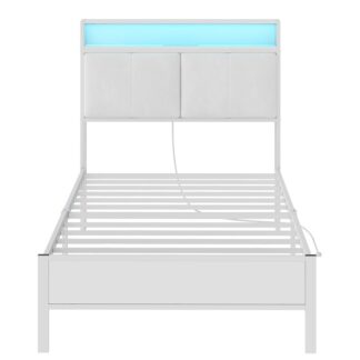 Рама белой кровати с двойной кровати с обивкой изголовья, Металлическая платформа каркас кровати с изголовьем для хранения, Рама кровати со станцией зарядки и светодиодным светом