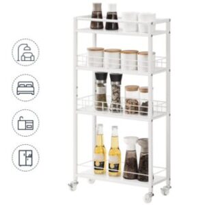 Kitchen storage cart with 4 levels, white narrow serving cart, niche shelf on wheels, kitchen cart with baskets, for kitchen, bathroom, dining room, laundry room