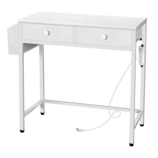 Petit bureau d'ordinateur blanc avec prise de courant, 32 Bureau d'ordinateur de bureau à domicile en pouces avec 2 Tiroirs en tissu, Bureau d'étude pour petits espaces, avec poche latérale, pour étudier, Salon, Blanc