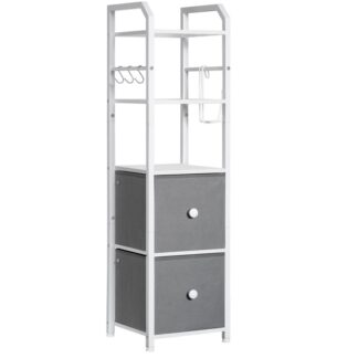 5-Tier badkamerladderplank, Smalle ladderboekenplank met 2 Laden, Opbergrek met haken en toiletrolhouder, voor badkamer, Woonkamer, Kantoor, Wit en grijs