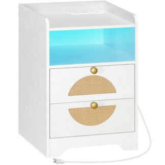 White End Table with Charging Station, Rattan Nightstand with LED Lights, Modern Night Stand with 2 Storage Drawers, Bedside Table with USB Ports & Outlets, for Bedroom