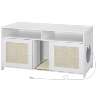 Hvidt kuld kabinet til 2 Katte, Skjulte møbler med kuldkasse med oplader, Store møbler med kattekuld med opbevaringsplads, Trækattehus med ridseplade