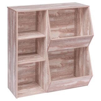 kids bookshelf, bookcase footboard, multi-bin storage cubby, tilting toy storage cabinet, children's toy shelf, suitable for children's room, playroom, hallway, oak white