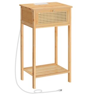 БАМУБА, Тумбочка ротанга с ящиком, Высокий конечный стол с USB -портами и розеткой, Узкая тумбочка, для гостиной, Спальня, Коридор, Естественный