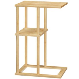 Side Table, Boho C Shaped End Table with Storage Shelf, Slim Nightstand Bedside Table, Couch Side Table for Small Space, Living Room, Bedroom, Home Office, Easy Assembly, Natural