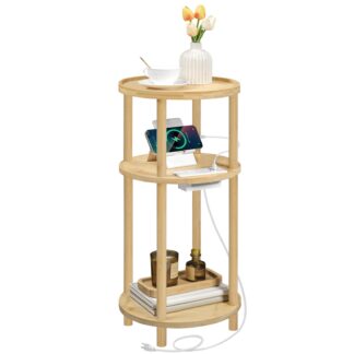 HOOBRO Small Round Side Table with Charging Station, 3-Tier Round Bamboo End Table, Compact Sofa Bedside Table for Small Space, Easy Assembly, for Living Room, Bedroom, Apartment, Natural