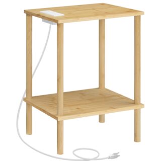 Bamboo Side Table, Solid Wood End Table with Charging Station, 2-Tier Side Table with 1 Outlet and 2 USB Ports, Easy Assembly, for Living Room, Bedroom, Office, Study
