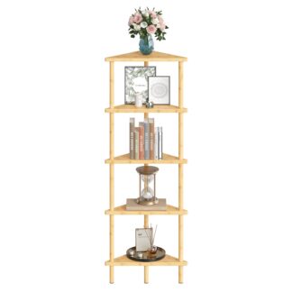 HOOBRO Corner Shelf Stand, 5-Tier Bamboo Corner Bookshelf, Plant Display Shelf, Corner Bookcase, Multipurpose Shelving Unit for Small Space, Living Room, Easy Assembly, Natural