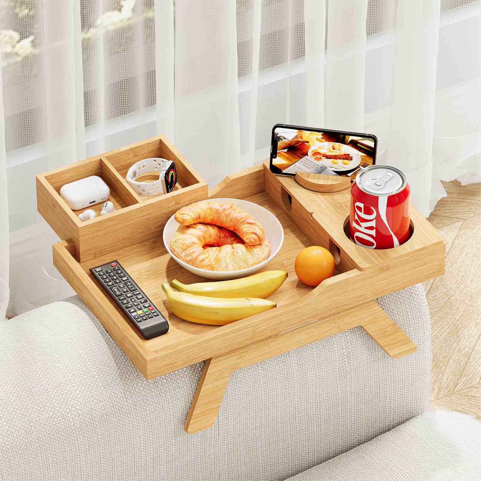 Natural Couch Arm Tray - 6 in 1 Couch Armrest Table, Solid Wood Sofa Arm Clip on Side Table with 360°Rotated Holder and Removable Snack Tray, Bamboo Couch Cup Holder Tray for Drinks, Remote