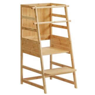 Torre de pie para niños pequeños, Ayudante de taburete de cocina para niños pequeños de altura ajustable, Torre de aprendizaje Montessori para niños con rieles de seguridad, para encimera de cocina y lavabo de baño, Bambú natural
