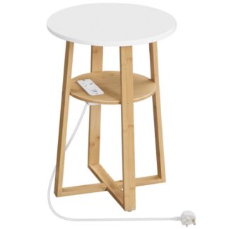 Round Side Table with Charging Station, Small Coffee Table with Bamboo Legs, 40cm Telephone Table, Bedside Table for Living Room, Bedroom, White and Natural