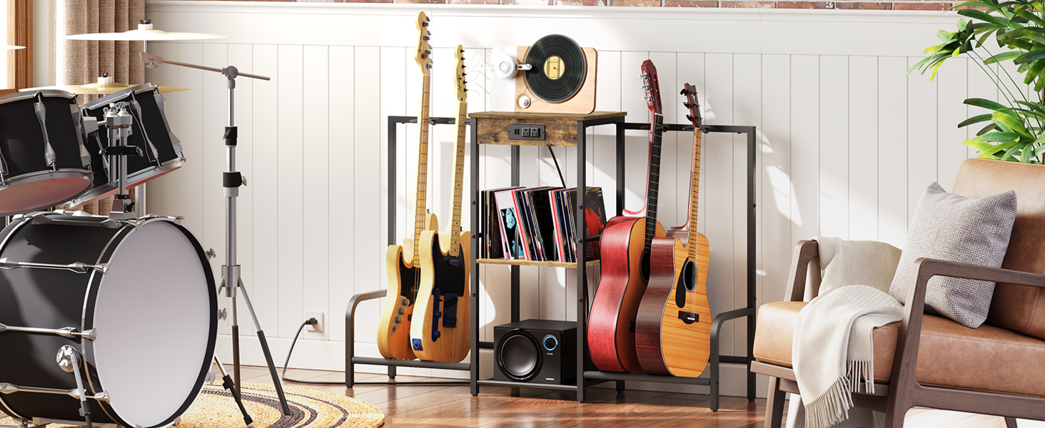 drawer and power strip adjustable multiple player with 3-tier vinyl record 4-tier