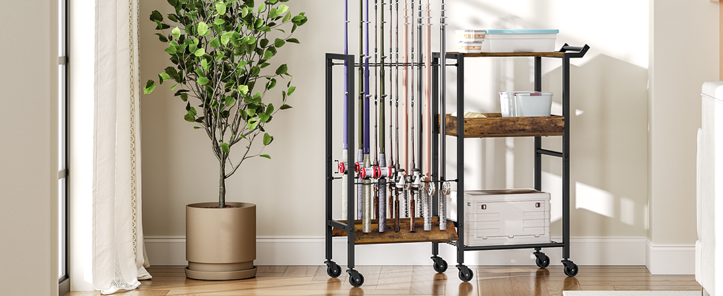 porta -barra de pesca 12 rods equipment organizer rack on wheels rolling pole tackle cart with side