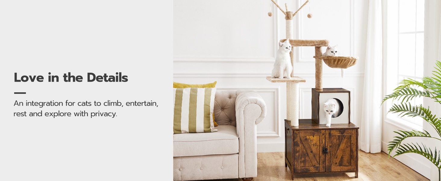 شجرة القطط مع صندوق القمامة