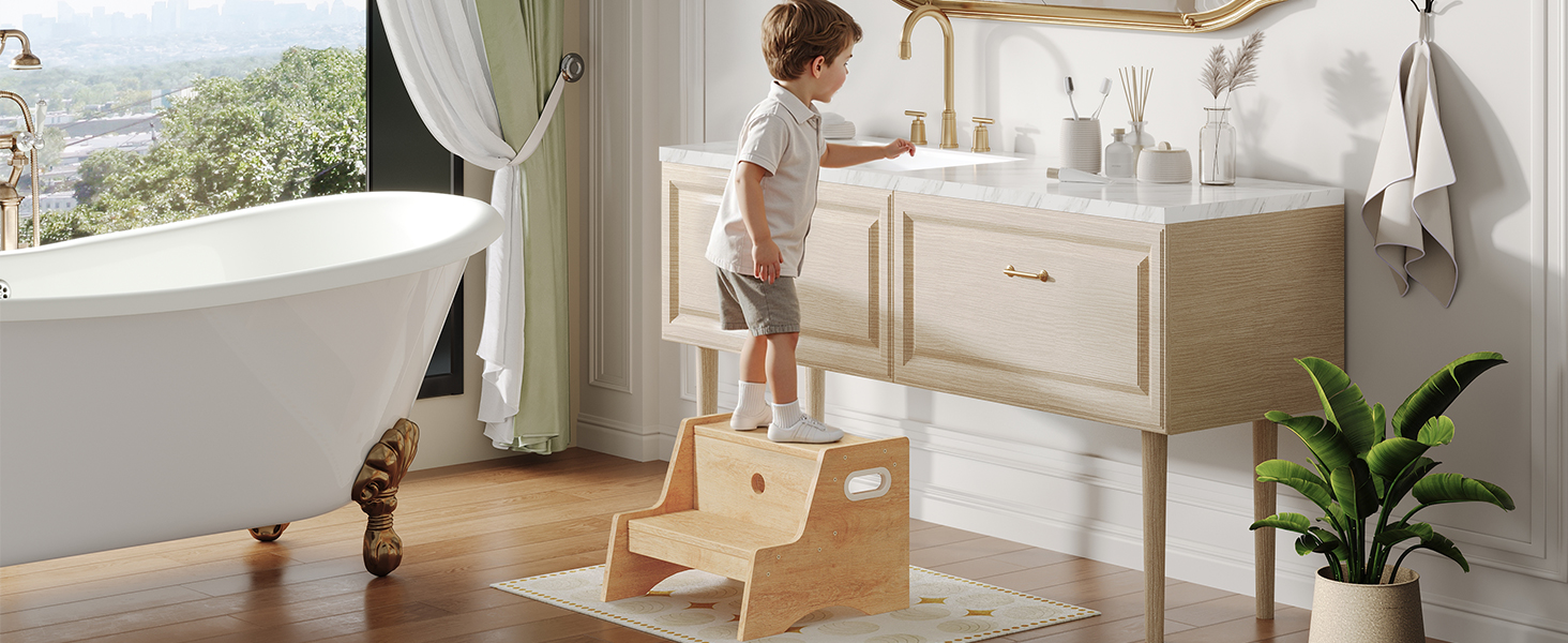 Σκαμπό βήμα μικρού παιδιού, Ξύλινα παιδιά ασήμαντο σκαμνί προπόνησης, με λαβές και μαξιλαράκια ασφαλείας ασφαλείας