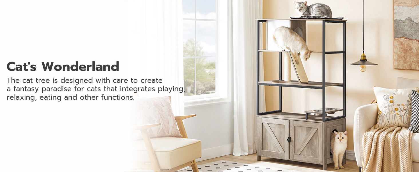 Γάτα δέντρο με περίβλημα κουτί απορριμάτων