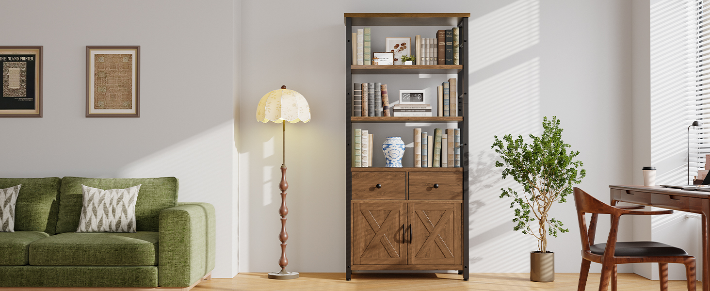 5-Книжная полка яруса, Высокий книжный шкаф с ящиками и шкафом для хранения